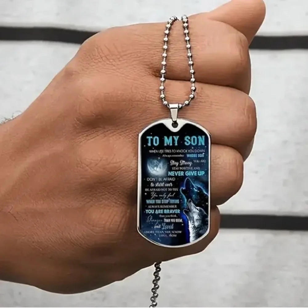 Inspirational Wolf Dog Tag Necklace - Mom to Son - Never Give Up!